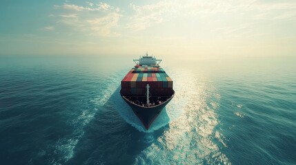 Massive container ship sailing through the ocean flat design front view maritime transport theme animation vivid. 