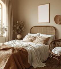 Fototapeta premium Cozy Bohemian Bedroom with Rattan Bed Frame and Wicker Chair in Earthy Tones