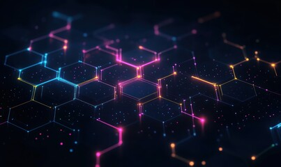 Geometric Abstract Art with Interconnected Hexagonal Shapes in Neon Colors