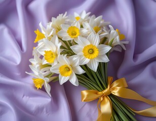 Naklejka premium Elegant Narcissus Bouquet on Lavender Fabric