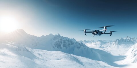 Drone flying over snowy mountain landscape at sunrise in scenic winter panorama