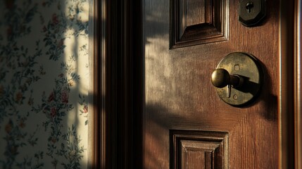 Wooden Door with Metal Handle and Light Streaks on Wall