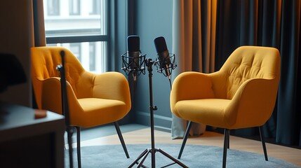 Podcast recording space with two chairs and microphones for interviews  
