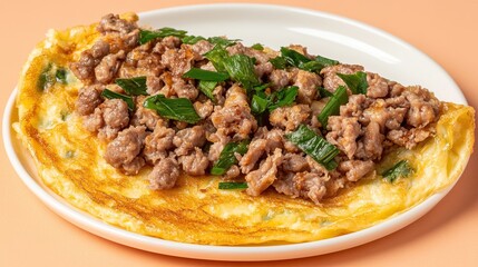 Fototapeta premium A Thai street food minced pork omelette served on a smooth pastel peach background