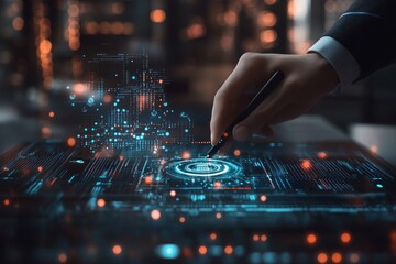 Futuristic Business Scene with Digital Holographic Interface and Advanced Technology Innovation