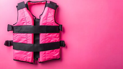 A vibrant pink life jacket designed for stylish safety on the water against a neon pink background