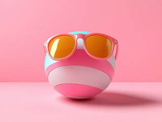 Summer Beach Ball with Sunglasses on Pink Background Fun Vacation Concept
