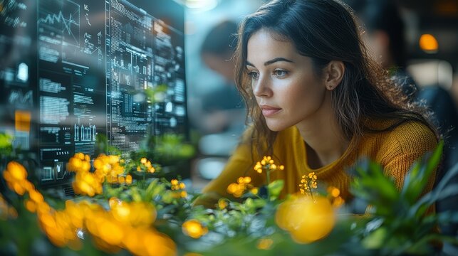 Young hispanic female analyzing data on futuristic digital interface amidst lush greenery - Powered by Adobe