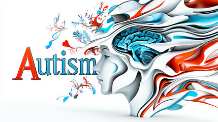 Obraz premium Artistic concept for Autism awareness: Stylized profile with integrated brain, flowing shapes, and colorful splashes on white.