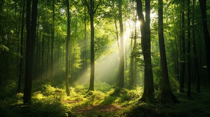 Obraz premium Lush green forest with sunlight filtering through dense trees, symbolizing environmental conservation. generative ai