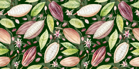Fruits and Flowers of a chocolate tree. Seamless pattern. Cocoa Beans. Watercolor illustration. Hand drawn chocolate tree fruits and flowers in pastel colors for packaging, textiles and botanical