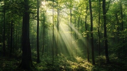 Lush green forest with sunlight filtering through dense trees, symbolizing environmental conservation. generative ai