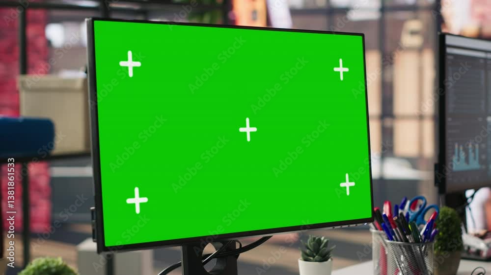 Poster green screen mockup computer in office next to displays showing data analytics dashboards. chroma ke