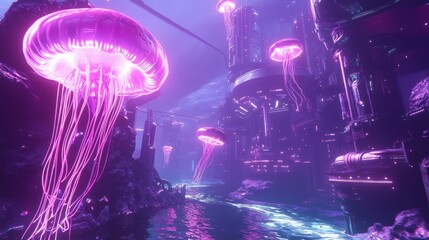 Obraz premium Luminous Jellyfish Floating in Futuristic Cyberpunk Waterway Scene