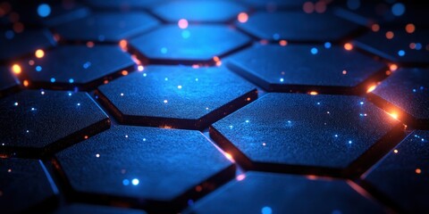 Futuristic Abstract Geometric Design with Neon Blue Hexagonal Grid Patterns and Digital Art Style