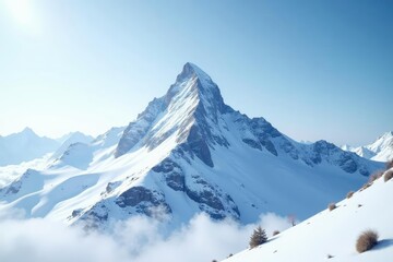 Fototapeta premium Snow covered mountain peak against bright white sky, scene, nature