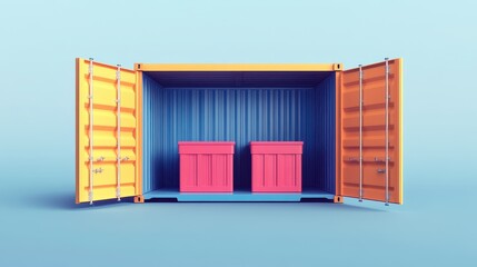 Open storage container with visible interior compartments flat design side view warehouse storage theme water color Triadic Color Scheme.