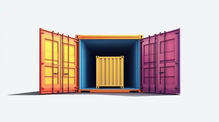 Open storage container with visible interior compartments flat design side view warehouse storage theme water color Triadic Color Scheme.