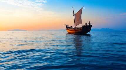 Obraz premium Sailing boat at sunset on calm sea with distant islands and vibrant sky