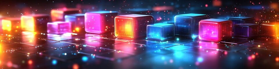 Geometric Triangle Pattern Abstract Background in Vibrant Neon Colors on Dark Blue