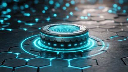 Futuristic Circular Device with Glowing Blue Light on Hexagonal Surface