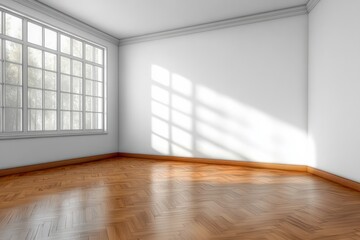 Minimalistic Empty Room with White Walls and Brown Wooden Parquet Flooring