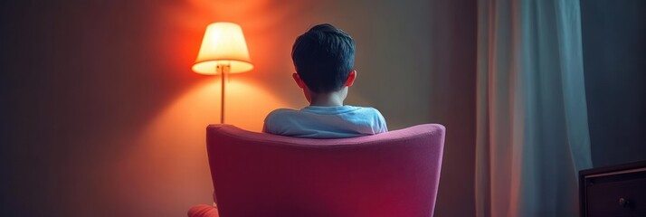 Sad lonely boy sitting on a pink chair in dim room facing wall, introverted child with autism, mental health awareness, isolation, anxiety, childhood depression