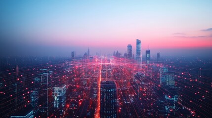 Futuristic cityscape with digital red glowing lines at dusk