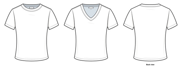 Basic Crewneck and V-Neck T-Shirt Technical Fashion Illustration. Unisex Tee Vector Template. Front and Back View. Casual Everyday Wear. CAD Mockup Set.