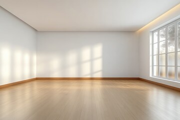 Minimalistic empty white room corner with wooden parquet floor