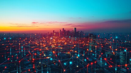 Connected cityscape at dusk with digital network overlay