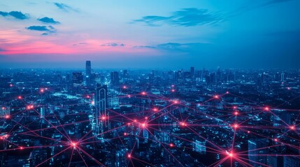 Fototapeta premium Futuristic city at dusk with digital network overlay and connecting points