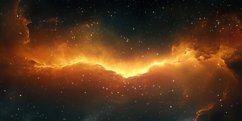 Obraz premium Golden and Orange Cosmic Nebula Glowing in Space Dramatic Lighting Sci-Fi Concept Art Panoramic View HDRI