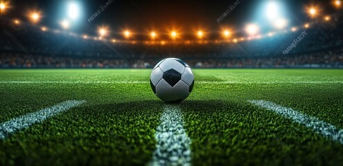 soccer ball centered on vibrant green football field under stadium lights cinematic lighting