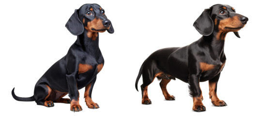 Two black dachshund dogs on a transparent background.	