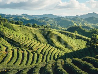 Naklejka premium Rolling Green Tea Terraces for Mountain Landscape.