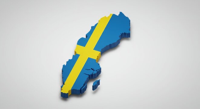 Isometric 3D rendering of Sweden map with Swedish flag colors on white