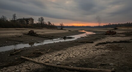 Drought-stricken landscape with dry cracked earth and low water levels at sunset. Environmental crisis, climate change impact on reservoir. Ecology disaster scene.