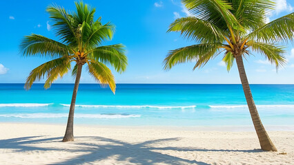 Tropical Beach with Palm Trees and Clear Blue Sea, Showing Vacation Scenery