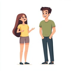 Obraz premium Young man in green t-shirt and jeans talking to woman in yellow t-shirt, standing together smiling. Flat illustration isolated on white background, character concept design.