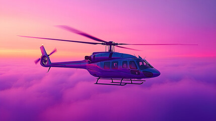 Fototapeta premium Helicopter flying above clouds at sunset