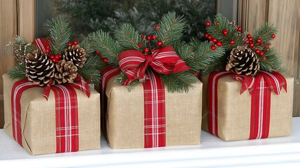 Three wrapped gifts with festive decorations sitting side by side