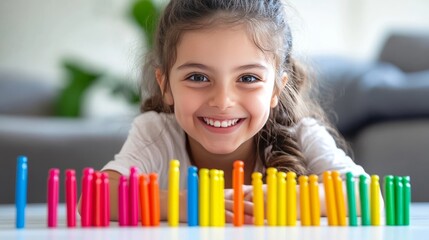 Young girl uses number sticks for motor skills.