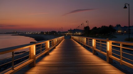 Fototapeta premium A boardwalk at sunset, where city lights start to shimmer against the warm evening sky