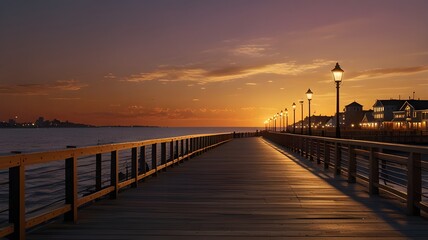 Obraz premium A boardwalk at sunset, where city lights start to shimmer against the warm evening sky