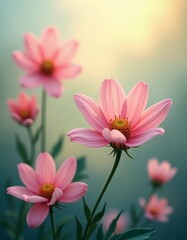 Obraz premium In a tranquil setting, soft pink flowers rise elegantly against a soothing blurred backdrop, evoking feelings of calm and inviting a moment of reflection among nature's beauty Generative AI