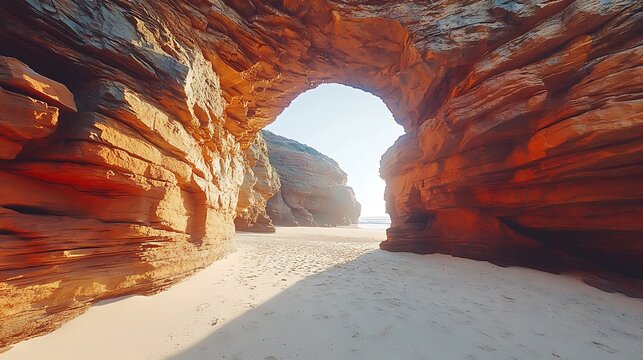 A beautiful natural rock archway leading to a serene sandy beach