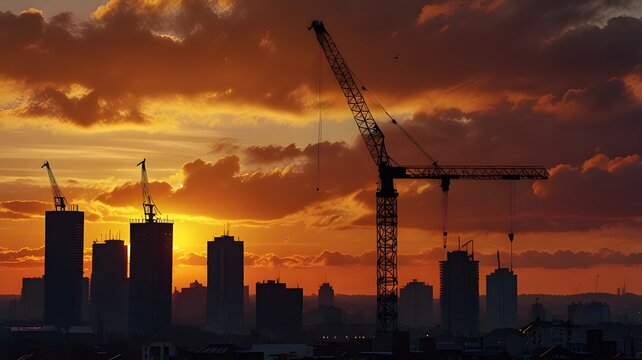 A construction crane silhouetted against a fiery city sunset