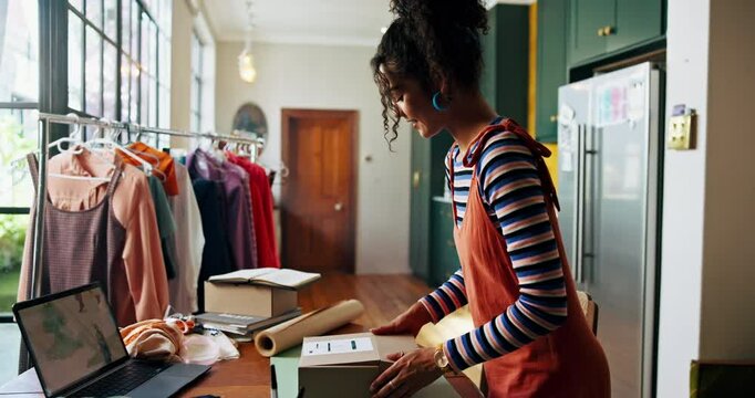 Fashion store, online shop or woman with clothes package for retail boutique supplier or product distribution. Ecommerce industry, happy person or box for courier delivery, shipping or small business