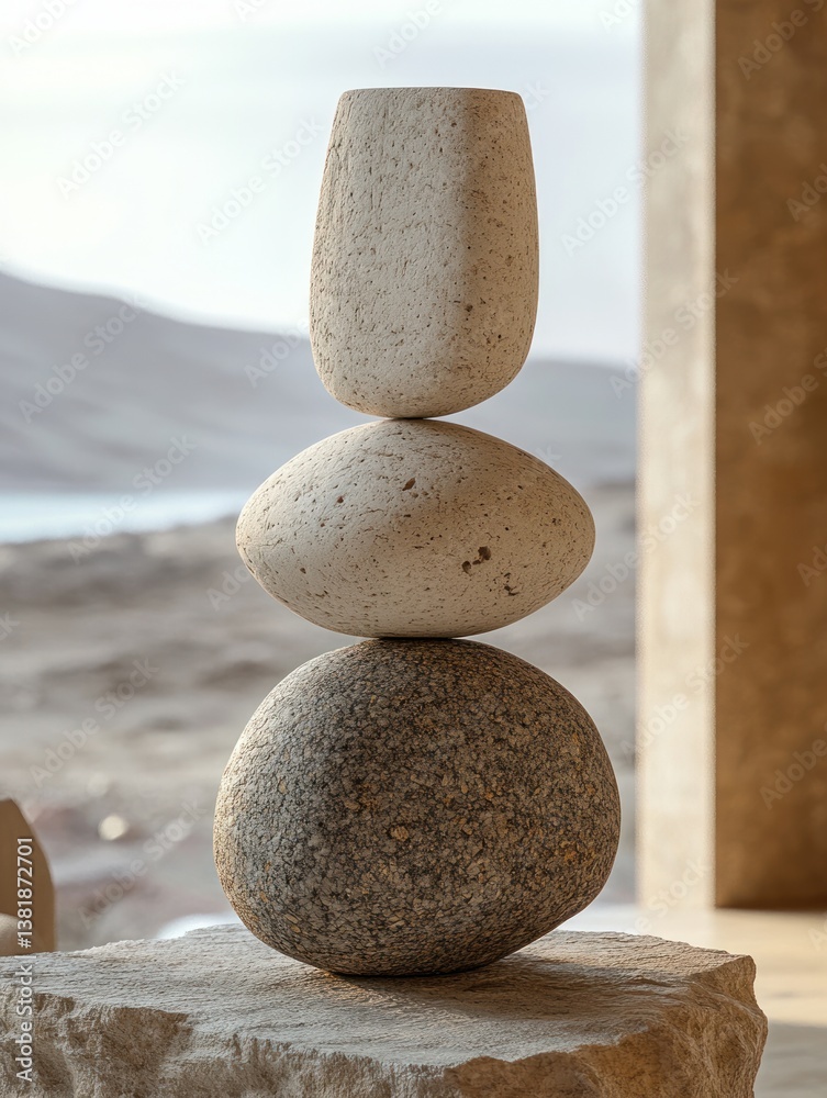 Poster Minimalist 3D Rock Pedestal Display with Smooth Object on Beige Background in Natural Studio Setting